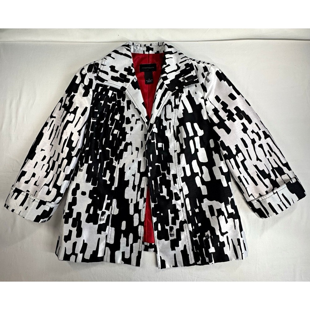 Investments Womens Black White Abstract Button-Front Lined Short Jacket 3/4 Sz 6